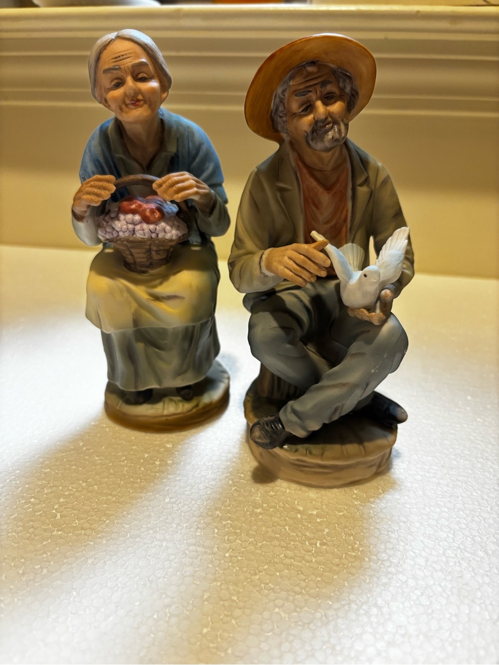 1950 Napcoware Hand-Painted Elderly Couple Porcelain Figurines - Blue & Tan